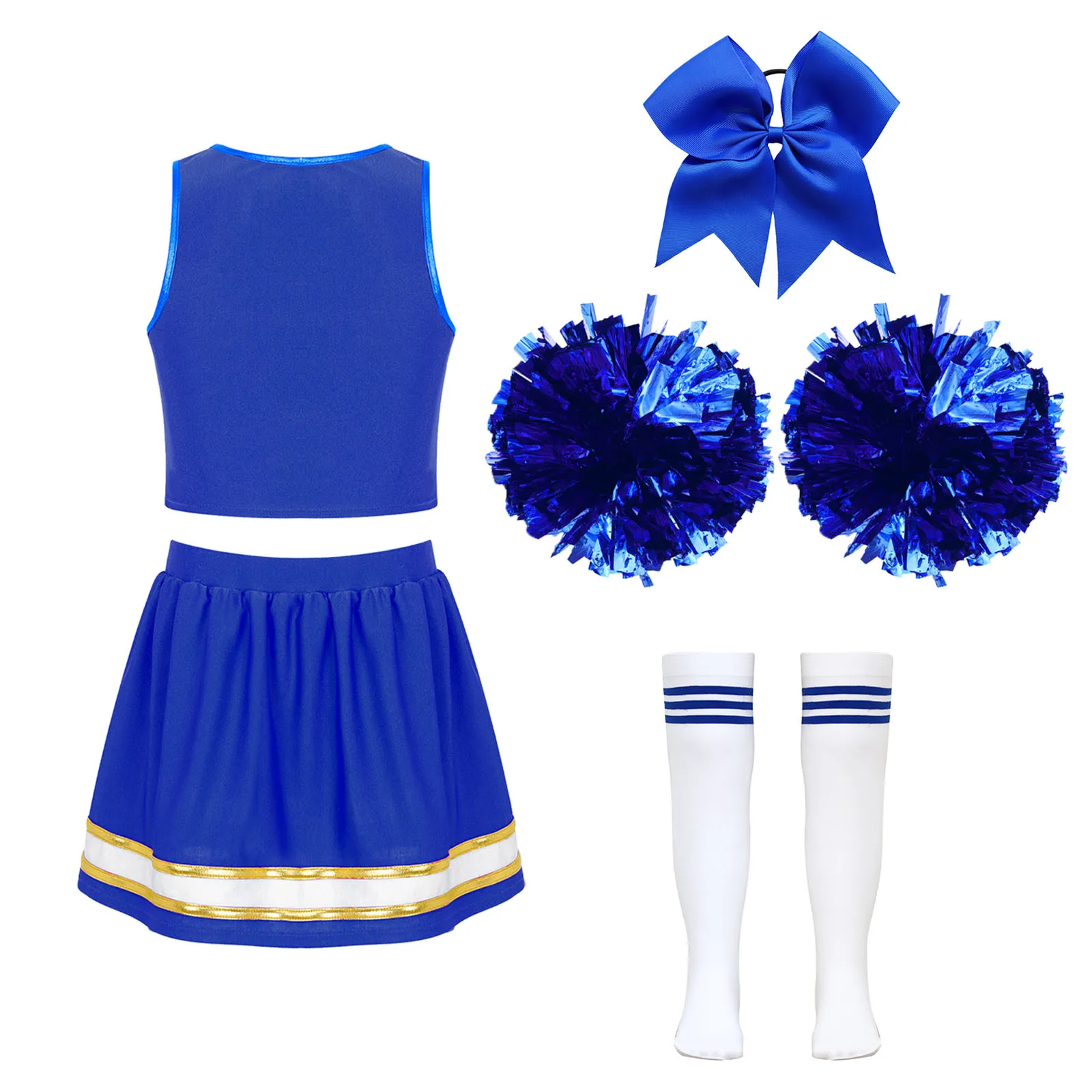 Children Girls Cheerleading Outfits Crop Top Skirt Headwear Flowers Socks Schoolgirl Cheer Jazz Dance Sports Meeting Costume