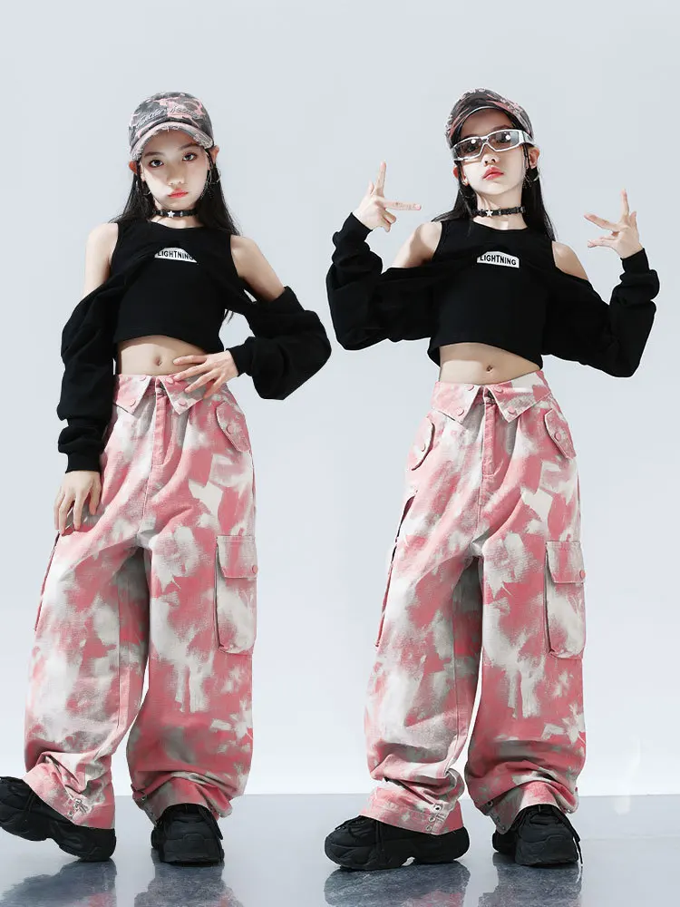 Kids Hip Hop Clothes Print Long Sleeve Exposed Navel Black Top Loose Pants Street Dance Costume Girls Jazz Performance Suit