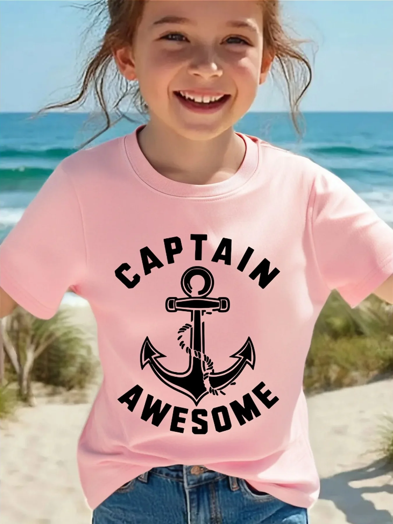 Cute Captain Awesome Anchor Print Family Matching T Shirt Boys Girls Tee Parent Child Casual Top Mom Dad Kids Summer Daily Wear
