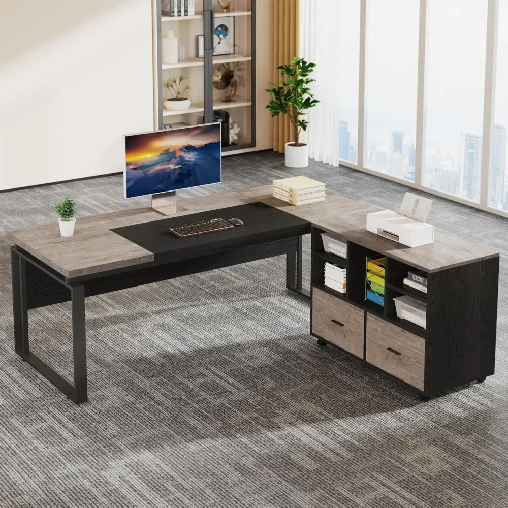 

L-Shaped Executive Desk with Reversible File Cabinet, 63" Office Desk with Storage Drawers, L-Shaped Computer Desk with Drawer