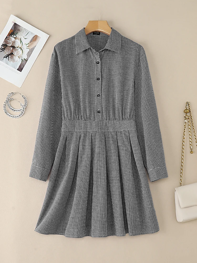 VONDA nueva moda vestido camisero a cuadros mujer otoño manga larga plisado Mini vestido veraniego 2025 elegante a cuadros Oficina Vestidos coreanos