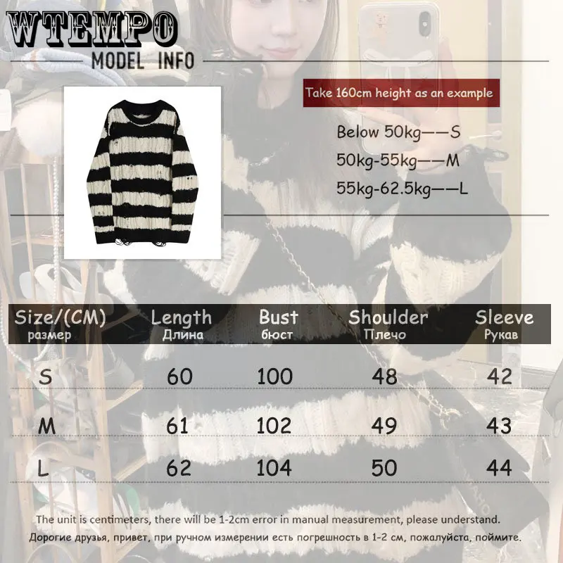 Striped Loose Sweater Gothic Women\'s Irregular Ripped Twist Pullover Mid-length Top Crew Neck Long Sleeve Knit Pullover Sweater