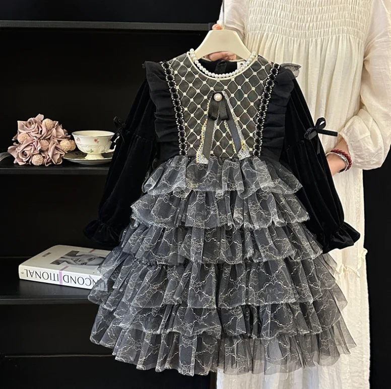 Retail New Baby Girls Boutique Winter Black Lace Fleece Cake Dress, Princess Kids Sweet Party Birthday Dress 3-8T