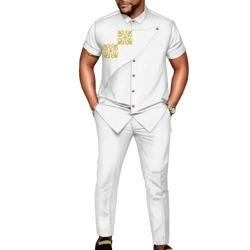 African Men's Embroidered Set Business Casual Men's Short-sleeved Shirt and Pants Two-piece Set Clothing WYN1909