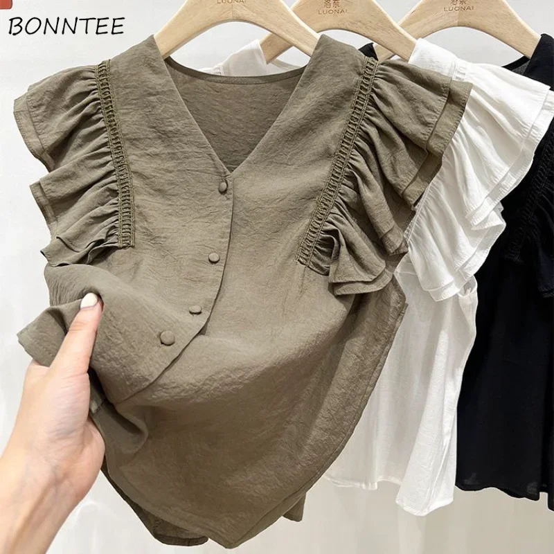 Flying Sleeve Shirts Women French Style Loose Ruffles Literary Solid All-match Elegant Mature Summer New Fashion Female Ulzzang