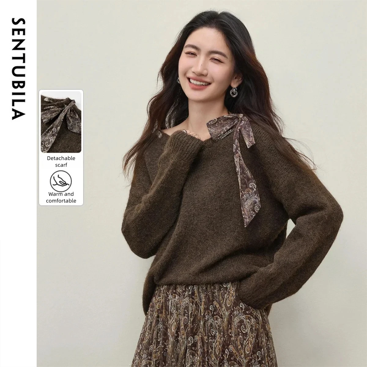 

SENTUBILA Loose Jumpers for Woman 2025 Winter New Detachable Scarf Wool Blend Sweater Women Knit Crew Collar Clothing W61EE4971