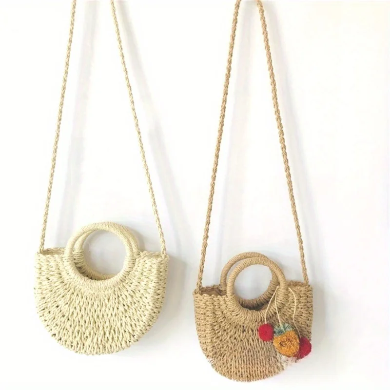 

Handmade Round Handle Straw Bags, Paper Rope Handbag & Shoulder Tote with Pom-Pom Charm - Casual Beach Accessory