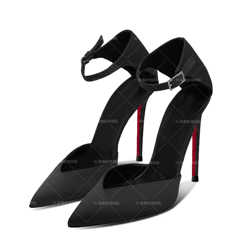 

New pointed black satin high heels women's word with hollow sexy single shoes