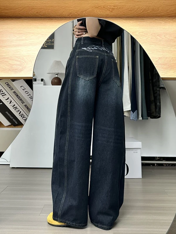 กางเกงยีนส์ทรงตรงขาบานเอวต่ำปักลายสไตล์อเมริกันย้อนยุคสำหรับผู้หญิง รุ่นใหม่ล่าสุดสำหรับฤดูใบไม้ร่วง สไตล์ลำลอง