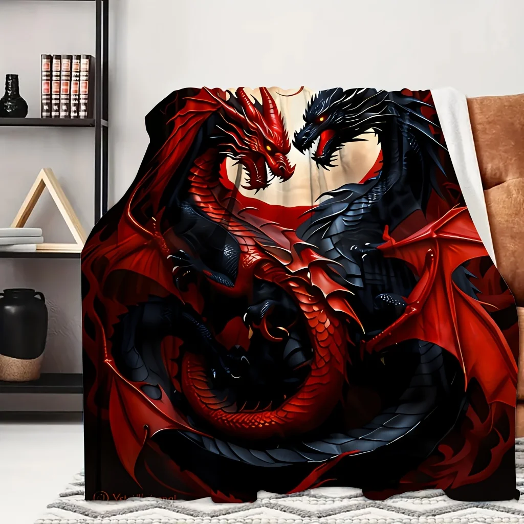 1pc Red Black Dual Dragon Dark Oriental Fantasy Print Flannel Blanket, Practical And Ultra Soft, Suitable for Blankets, Bed Cove