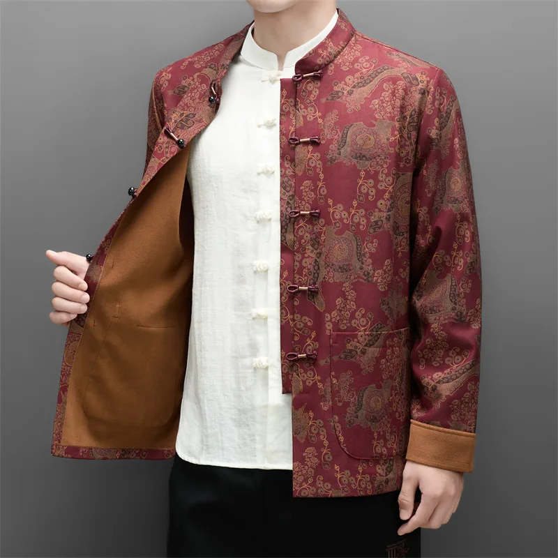 Frog Button Pockets Print Shirts For Men Long Sleeved Tang Costume Winter Quality Fleece Thick Softness Jacket Camisas De Hombre