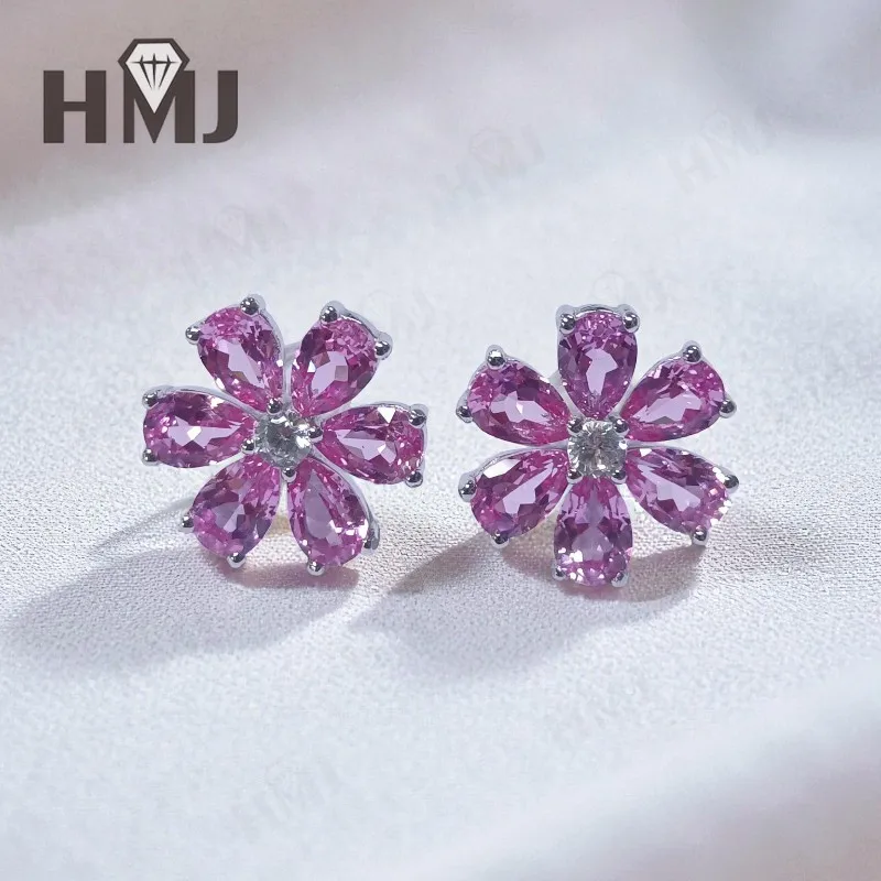 أقراط زهرة 4.3-6.3CT الكمثرى روبي الياقوت كولومبيا بادبارادشا S925 رومانسية ست بتلات الأذن ترصيع للنساء هدايا عيد الميلاد #1