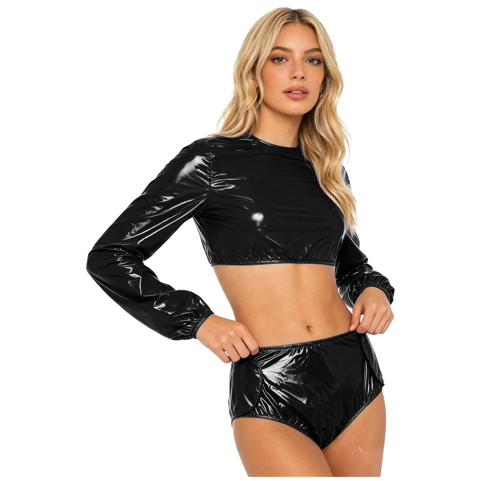 Womens Waterproof Vinyl Sets Long Sleeve Crop Top and Diaper Cover Shorts Outfits for Long Term Care Facility Incontinence Aid