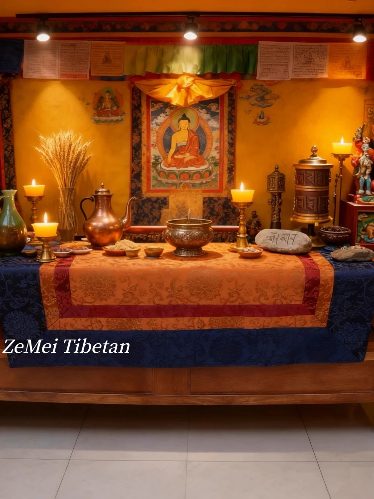 

Tibetan-Style Buddha Fabric Decorative, Simple Branch-and-Lotus Jacquard Square Table Offering Cloth, Home Buddha Altar Cloth