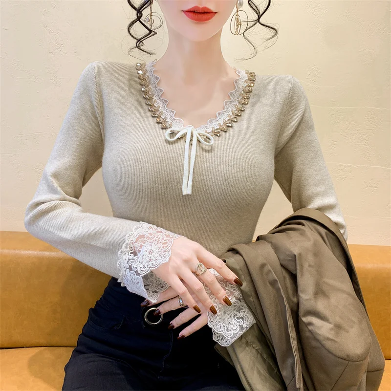 

2025,New,European,Clothes,Knitted,Sweater,Women,Chic,Sexy,V-Neck,Patchwork,Lace,Shiny,Beading,Tops,Long Sleeve,Pullover,412126