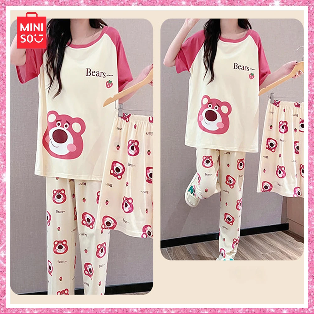 2024 Miniso Lotso New Summer Sweet Cool Cute Cartoon Pajamas Milk Silk Casual Loungewear Three Pieces Girls Birthday Gift