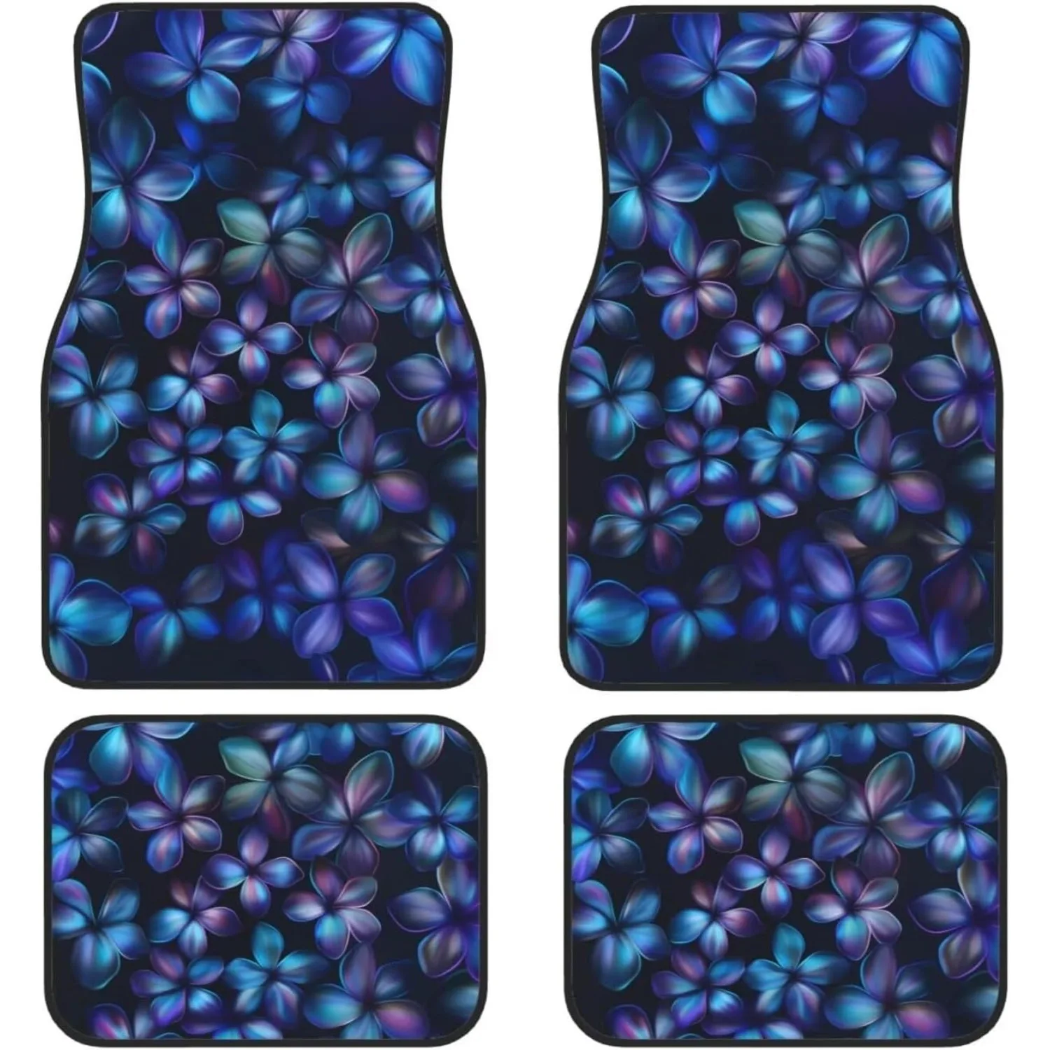 Complete Set Of 4 Waterproof Car Floor Mats In Blue With Tropical Frangipani Floral Design, Ideal For Protecting The Interior Of