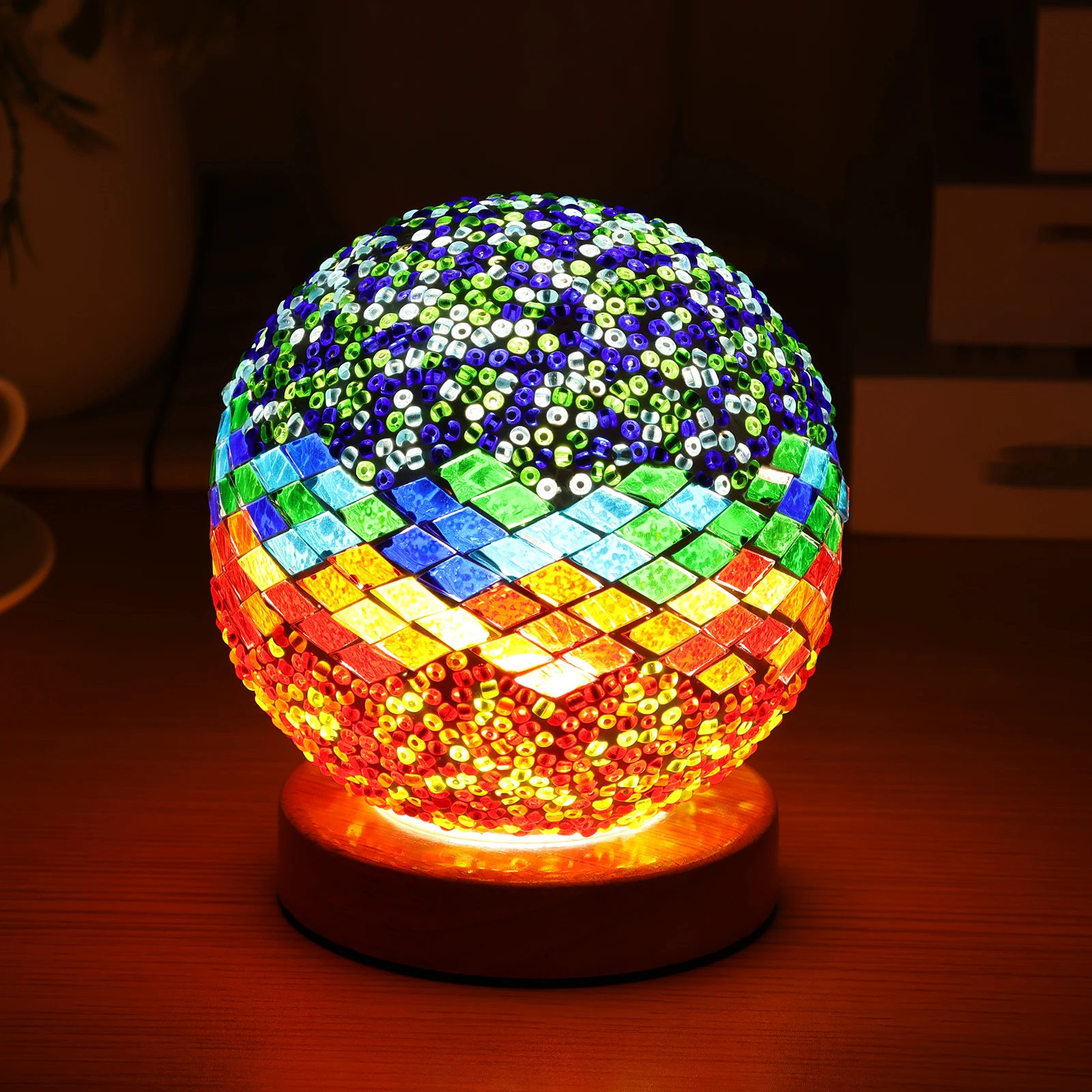 Mosaic Glass Lamps Retro Bohemian Glass Table Lamps 3 Color Dimming Glass Mosaic Ball Lights Adjustable Brightness Night Lights