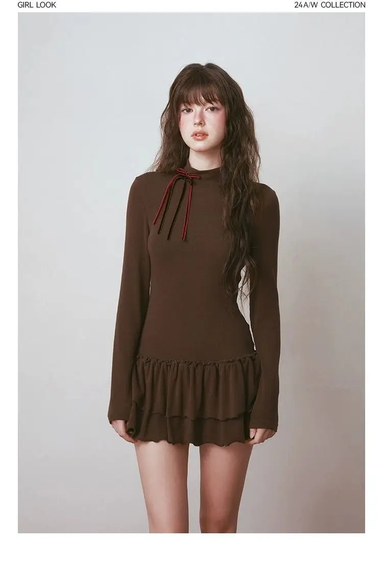Vestido tipo camiseta de manga larga ajustado con cuello alto para mujer Otoño Invierno