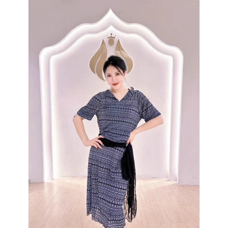 Customized Swegal Belly Dance Costumes Practice Dress Grey Blue Mesh Small Collar Loose Robe 4 Piece Set Exotic Dancewear