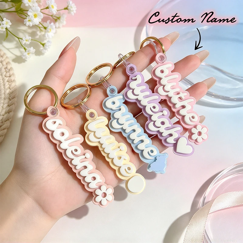 Name DIY Custom Acrylic Keychain Heart Flower 3D Nameplate Tag Personalized Personalized Hebrew & English Name Keyring Bag Charm
