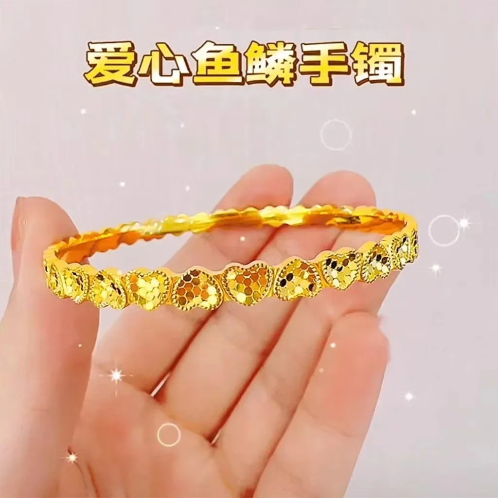 

High Quality Real Gold AU999 24K Bracelet Gold Heart Bracelet Fashion Women Luxury Jewelry Gift for Girlfriend 5.6-6.4cm