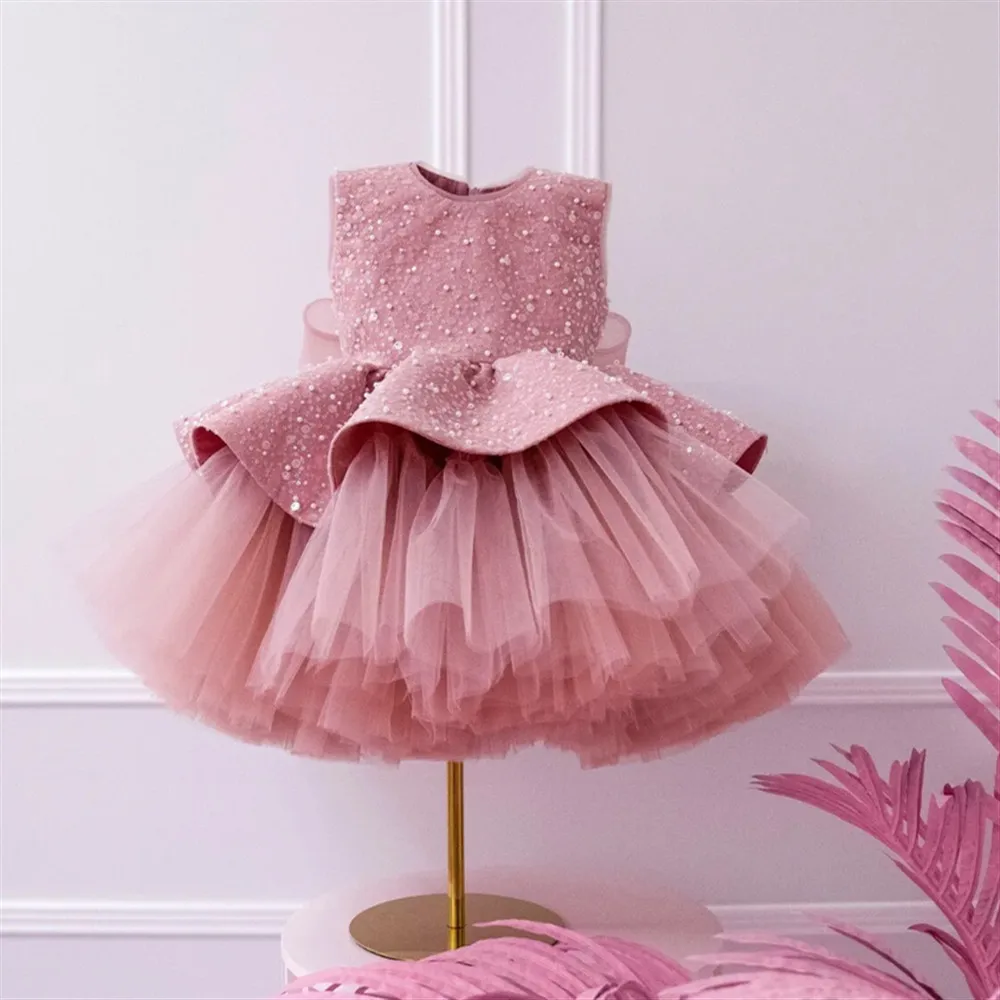 

Shiny Sleeveless Flower Girl Wedding Dress Sequins with Bow Tiered Birthday Party Pageant Toddler Christmas Ball Gown Customized