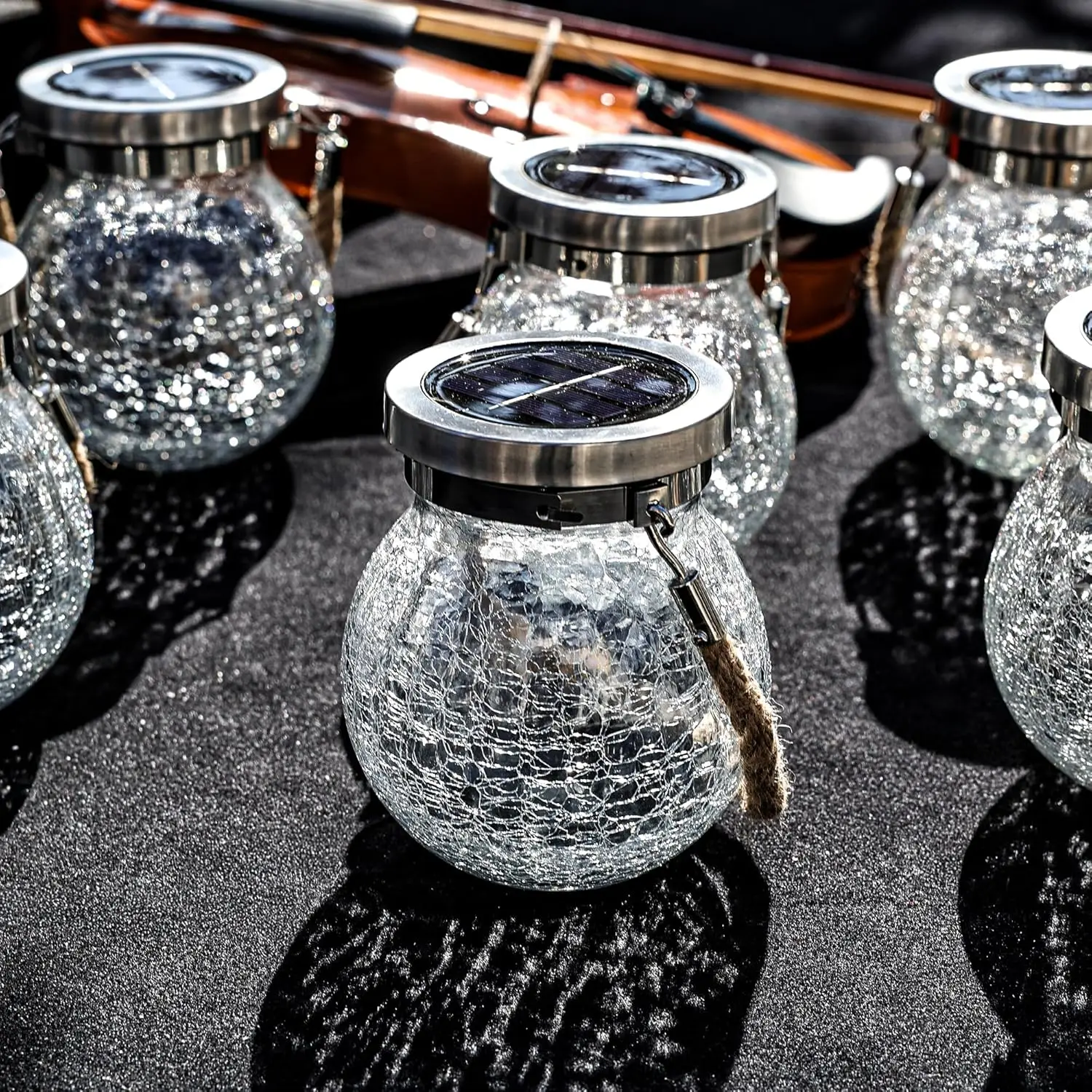 Paquete de 2 linternas solares de vidrio craquelado pesado con panel solar grande, luz de mesa impermeable para exteriores, LED blanco cálido, Chris de jardín