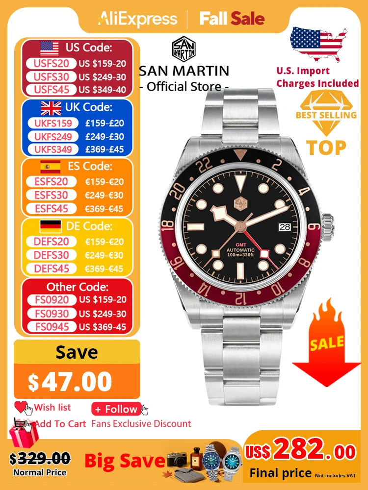 

San Martin 39mm Rose Gold Classic Retro Mens Watch Luxury Sapphire NH34 GMT Automatic Mechanical 3H Date Waterproof 100m SN0109