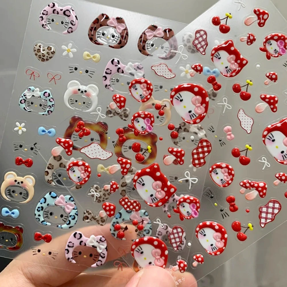 2 pegatinas de uñas 5D con diseño de Hello Kitty con capucha de fresa, hongo rojo en relieve, estampado de leopardo y lazo, decoración de uñas KT