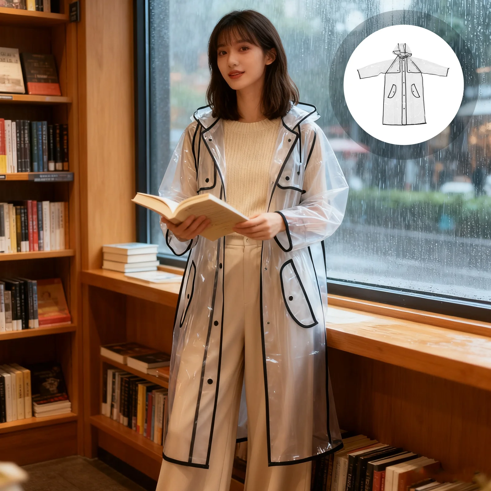 

Student Raincoat Waterproof Clear Lightweight Rain Jacket Hooded Portable Transparent Rainwear For Over 140Cm