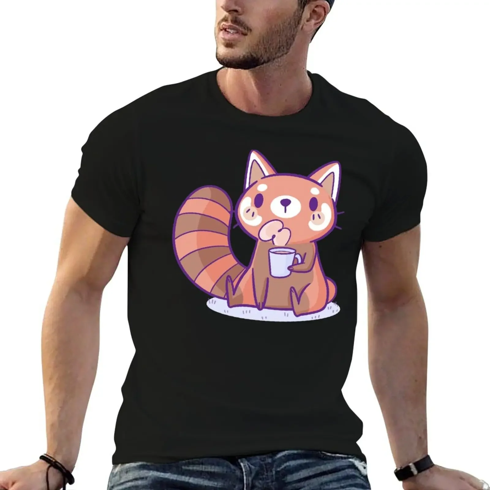 

Red Panda Drinking Coffee T-Shirt aesthetic clothes blue archive heavyweight t shirts for men