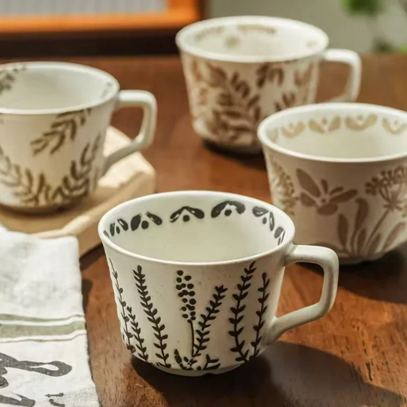 Vintage Embossed Aquatic Weed Ceramic Coffee Cup Drinking Water Mug Gift Mug Home Decor Ceramic Bas-Relief Sophistication Cups
