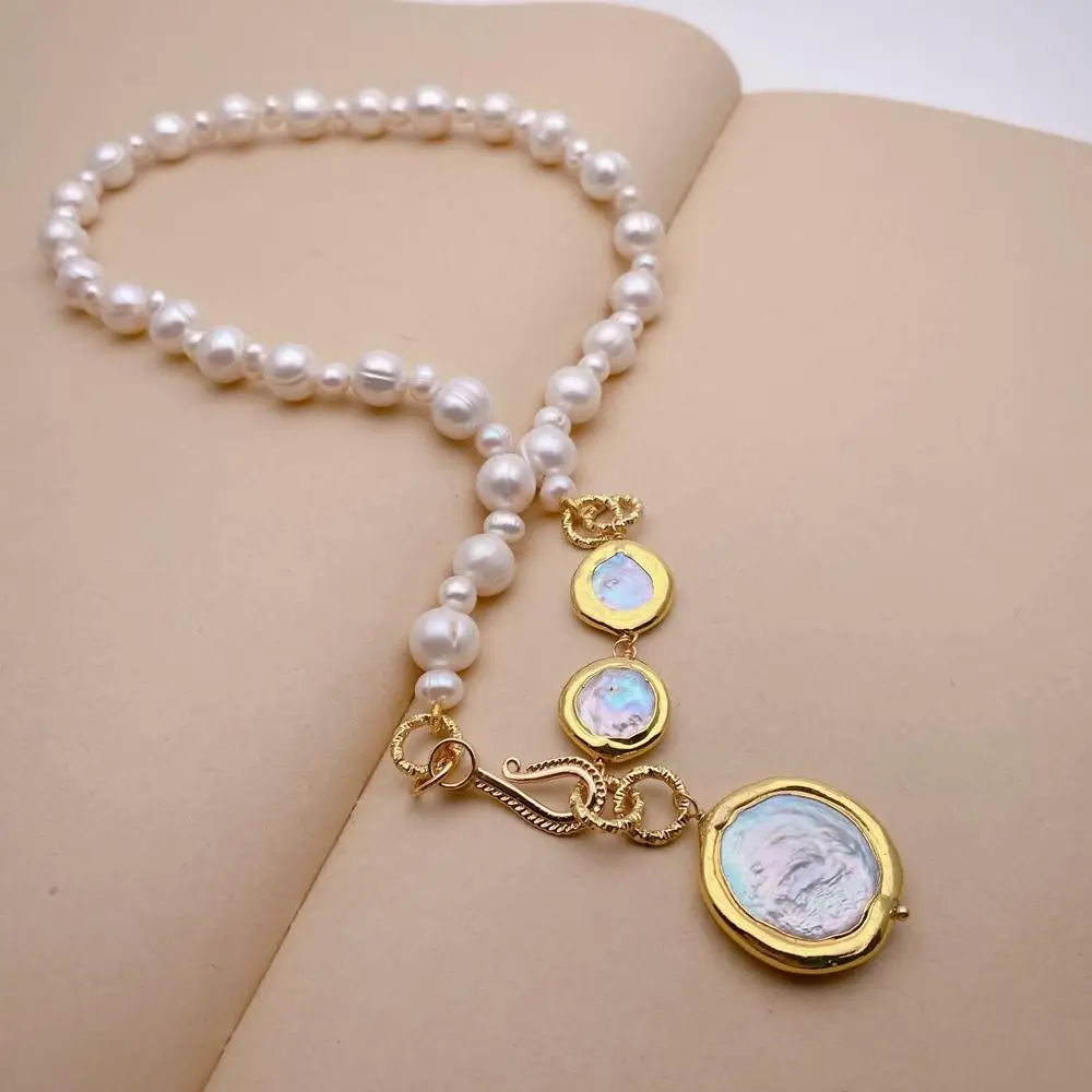 Y·YING Cultured White Potato Pearl Coin Pearl Charm Choker Necklace Handmade Necklaces
