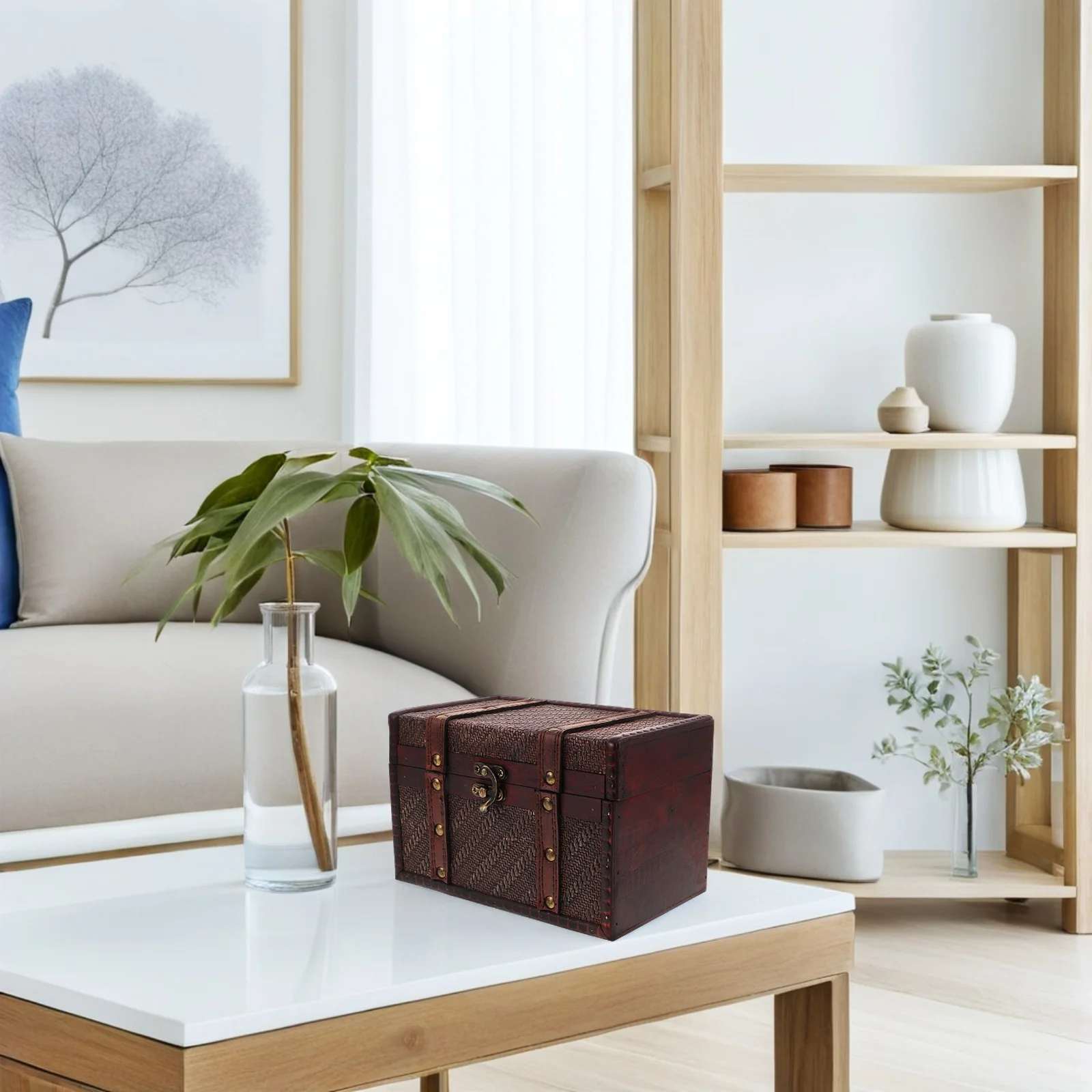 

Vintage Wood Treasure Chest Storage Box Woven Texture Desktop Organizer Jewelry Trinket Decorative Keepsake Case