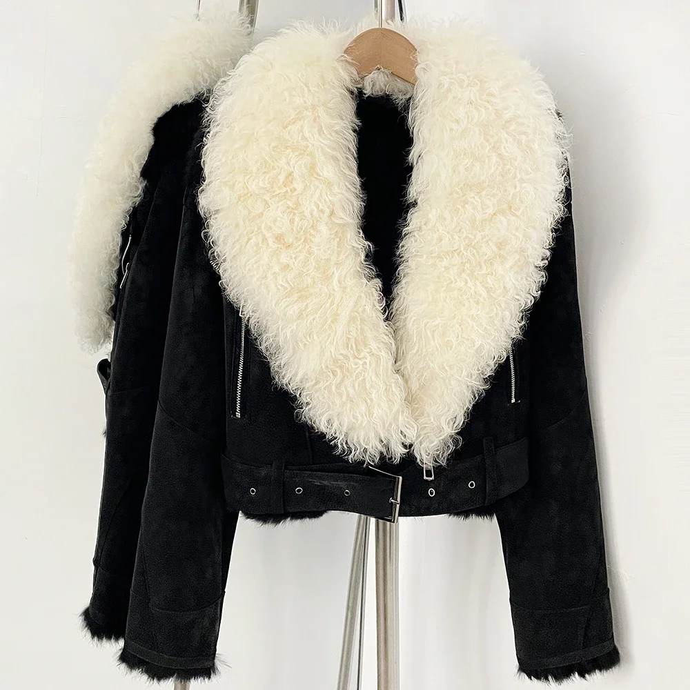 OFTBUY Kurzer Warmer Echt-Lammfellmantel Damen-Wildlederjacke mit Echtfellkragen Neue Herbstkollektion Natürliche Kaninchenfellkleidung für Frauen – Detail 12