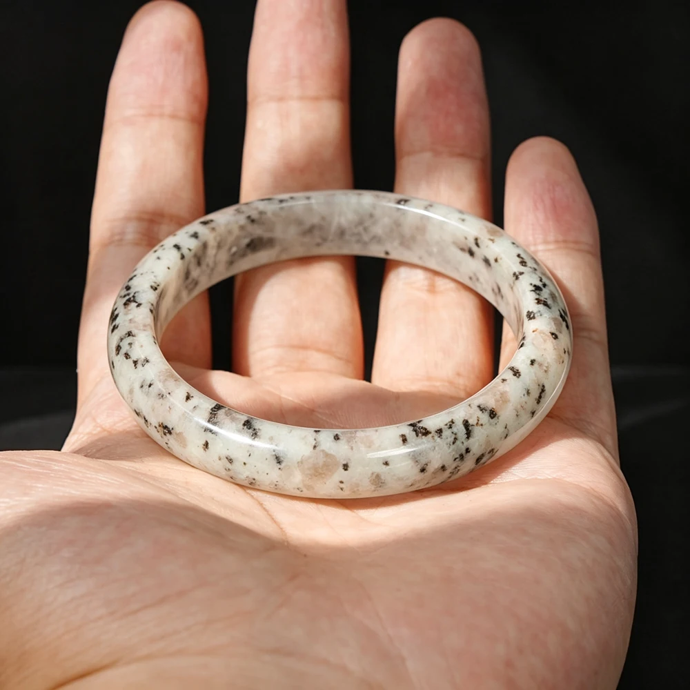 TIANSHAN GREEN JADE BANGLE 62MM NATURAL AAA GRADE POLISHED ROUND WIDE BAND GREY BLACK SPECKLED JEWELRY FOR DAILY WEAR AND GIFTS