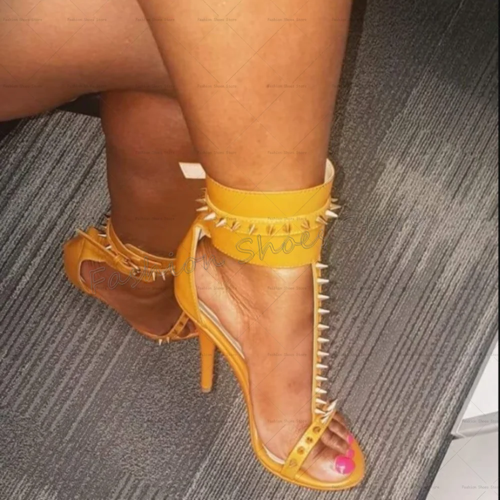 

Yellow Rivet Decor Buckle Strap Sandals Open Toe Women Shoes Stilettos High Heels Party Banquet Dating 2025 Zapatos Para Mujere