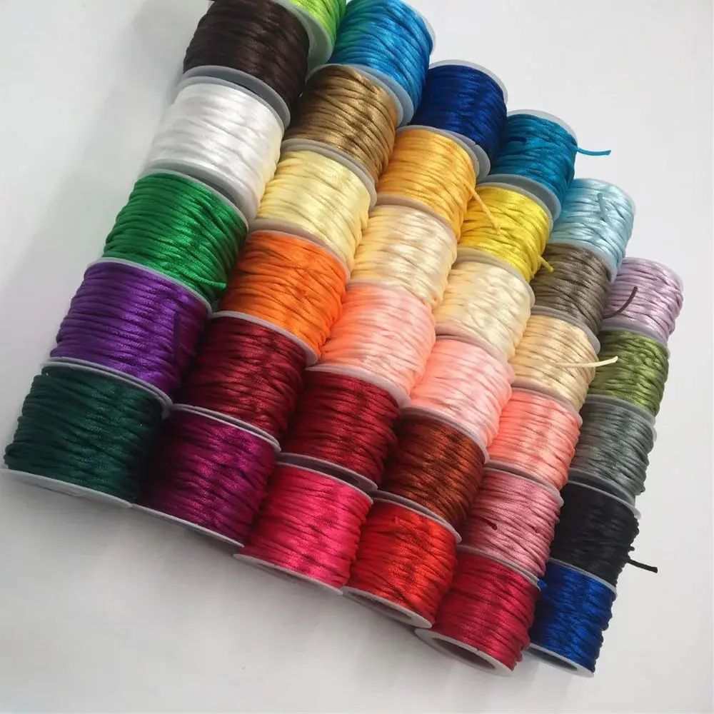 2mm kolorowy Rattail satynowy sznurek nić chiński węzeł makrama bransoletka pleciony sznurek DIY frędzle nici do frezowania 10-225 metrów