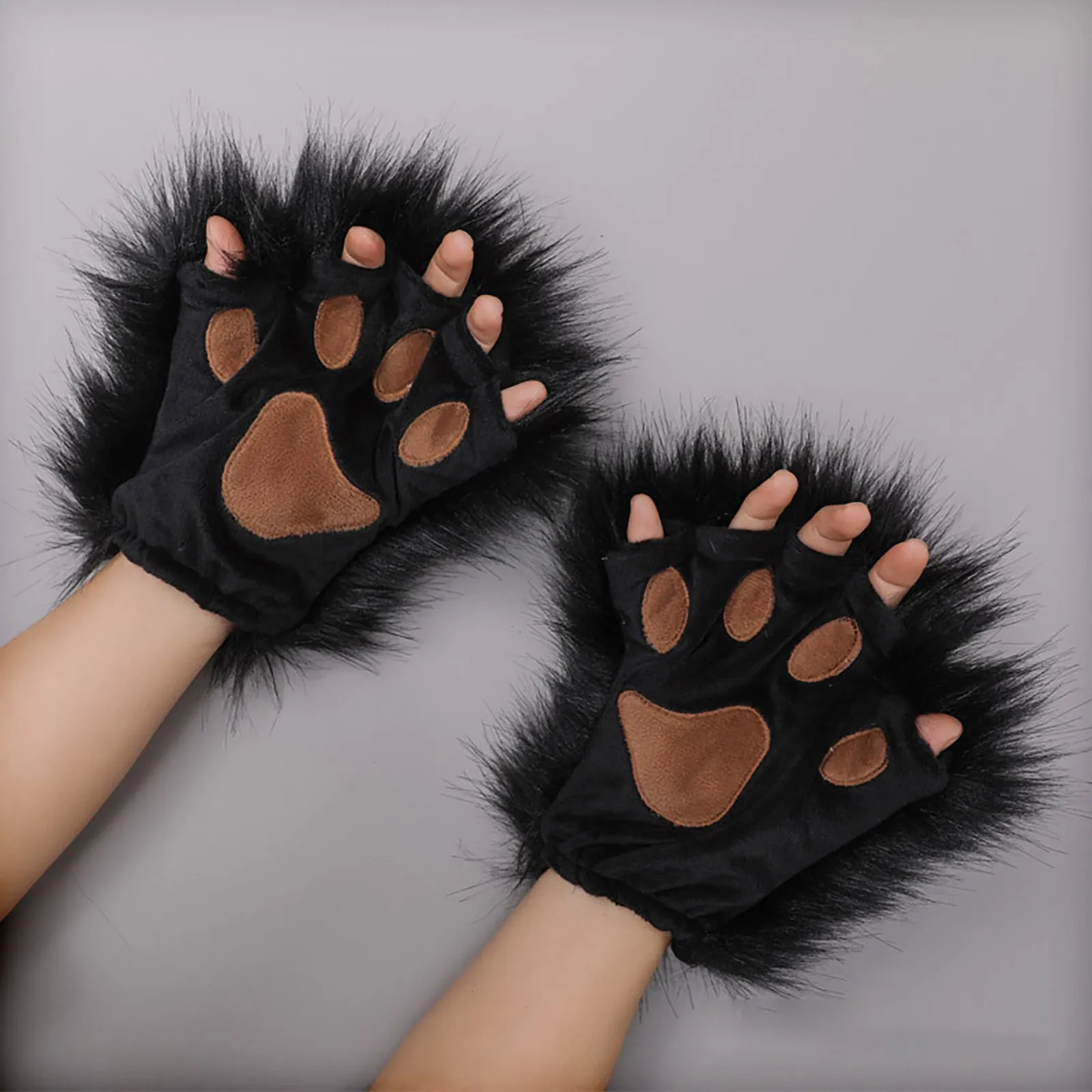 1 Pair Puffy Paw Gloves Half Finger Mittens Anime Lolita Gothic Furry Accessory for Animal Roleplay Long Fur Wolf Paws