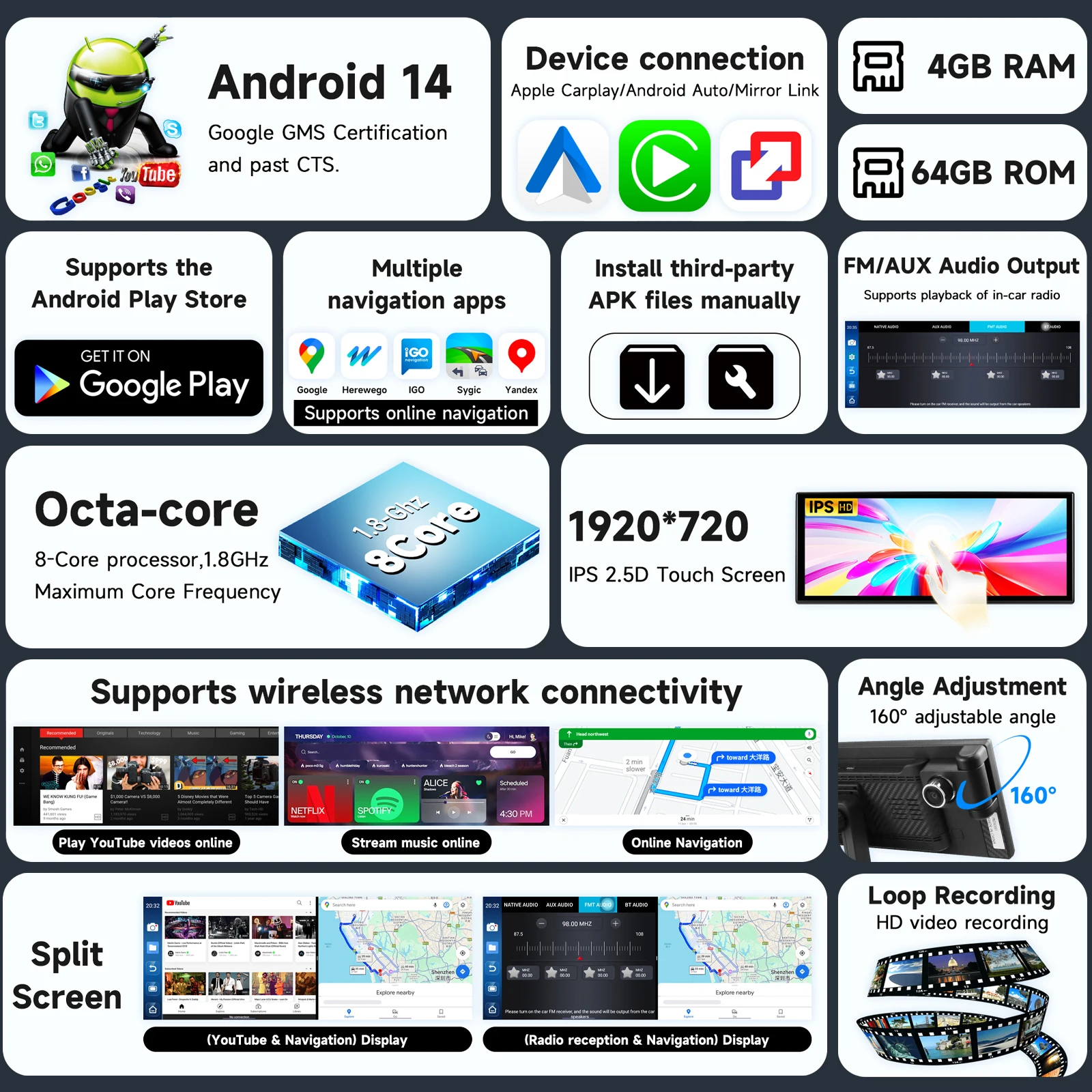 11.4 Iinch HD Portable Car Media Player Universal Carplay Android 14 Auto 8Core 4+64G Dash Cam GPS WiFi 1920*720 IPS Screen DVR