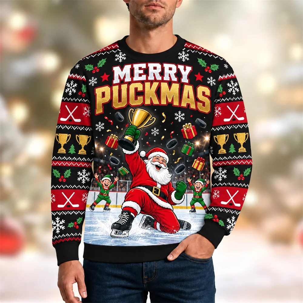 Santa Claus Playing Ice Hockey Print Ugly Sweatshirt Mens Funny Text Humour Crewneck Pullover Sweatshirt Gifts Ice Hockey Fans
