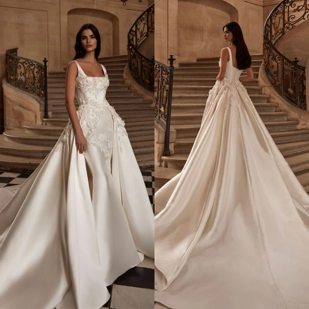 

Customized Exquisite Satin Wedding Dresses Simple Square Collar Spaghetti Straps Bridal Gowns Chapel Train Zipper Back Dress