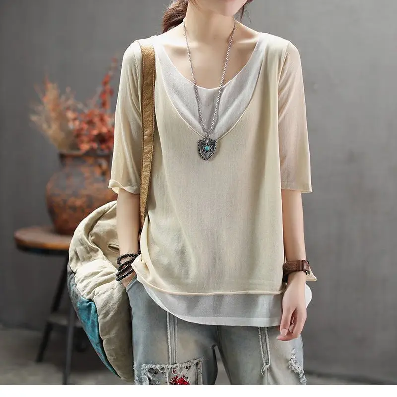 Fashion V-Neck Spliced Loose Fake Two Pieces Blouse Women\'s Clothing 2024 Summer New Casual Pullovers All-match Commute Shirt