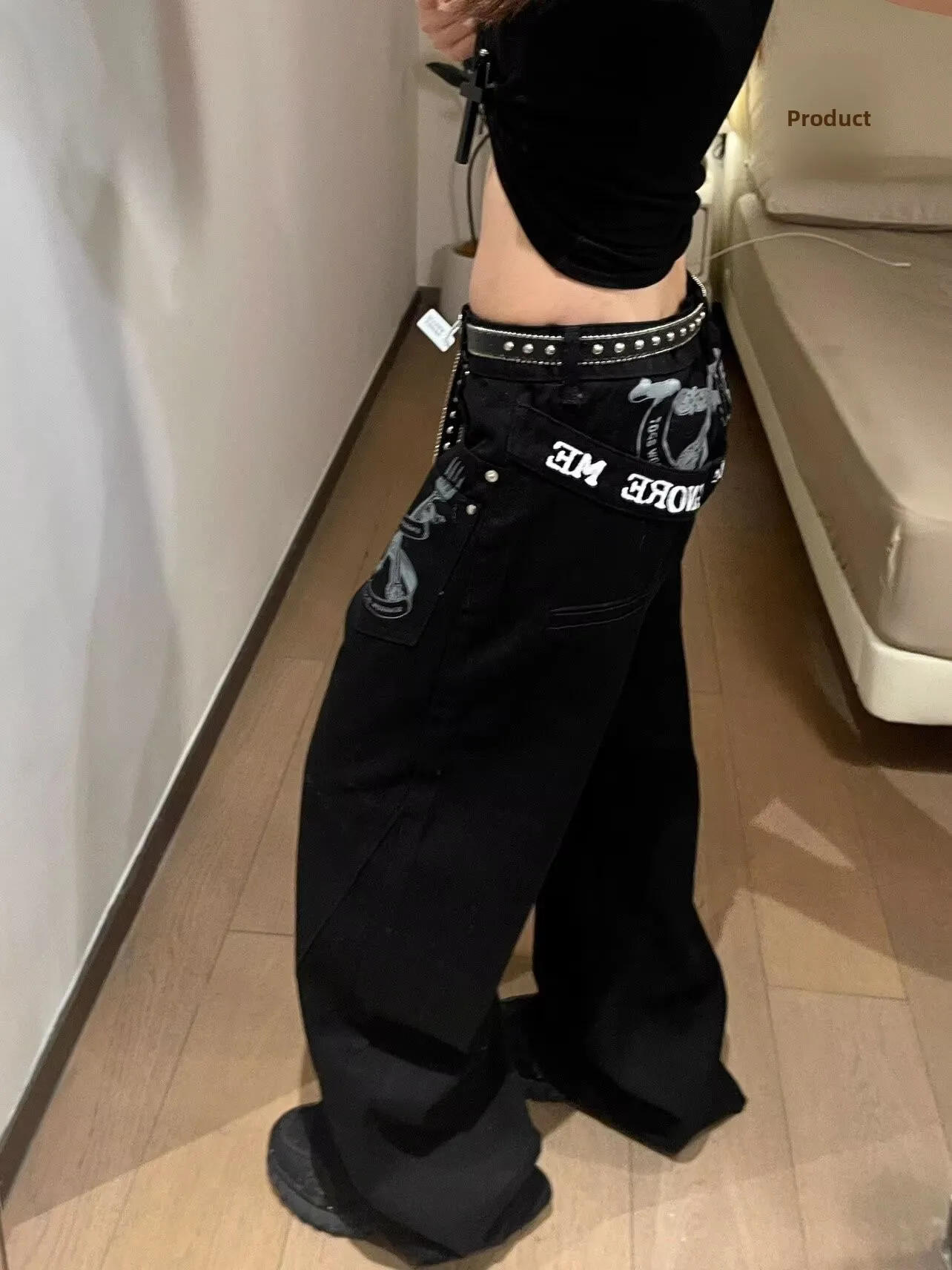 

Retro American Letter Print Loose Straight Leg Jeans Women's Bla Rivet Decorated High Street Sle Long Pants