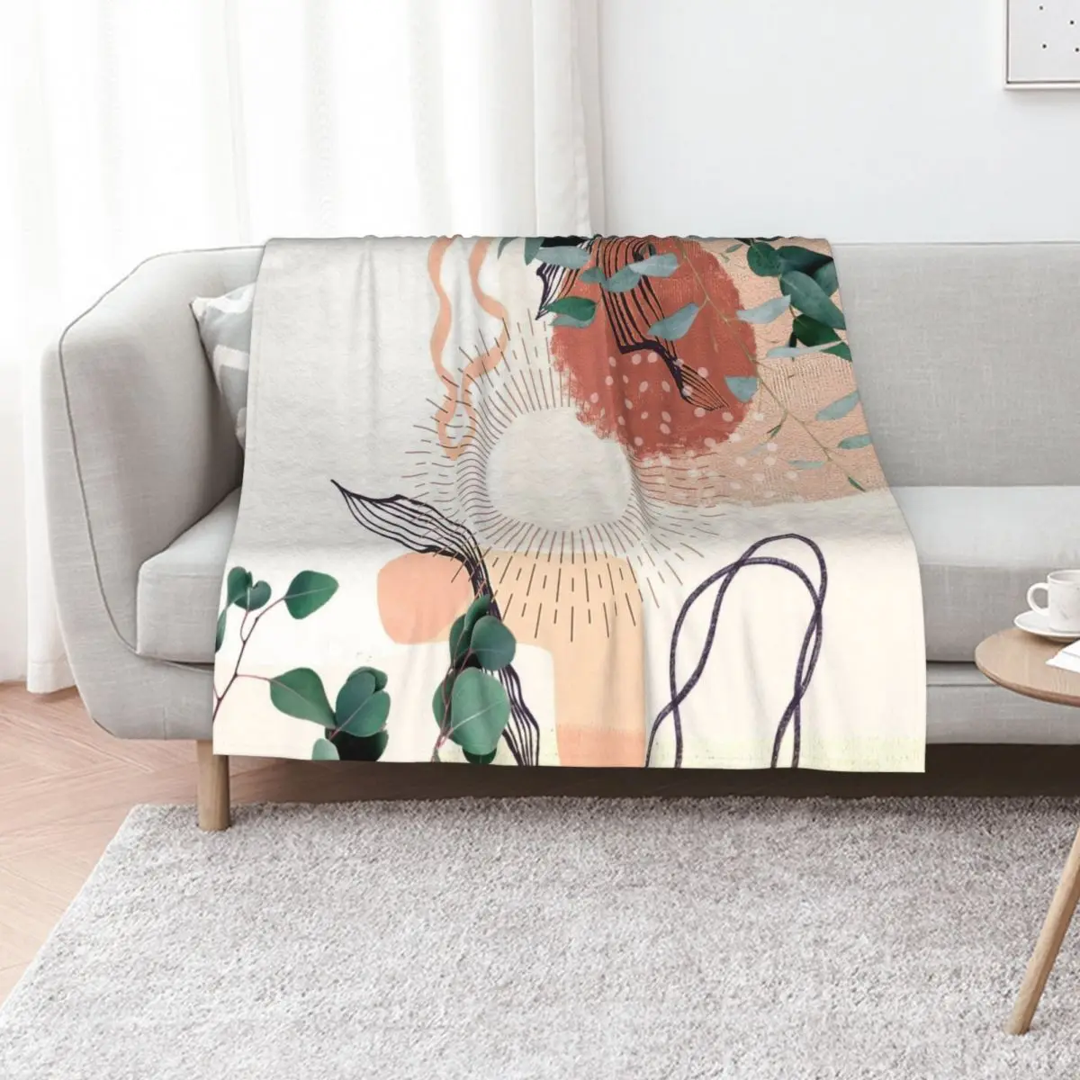 Eucalyptus Branch Abstract Tropical Boho Minimalist Art with warm earthy tones and pastel colors with solid and so Throw Blanket