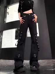 American Street Personality Cargo Pants Women Spliced High Waist Design Bell-bottomed Trousers Darkness Style Jeans for Women