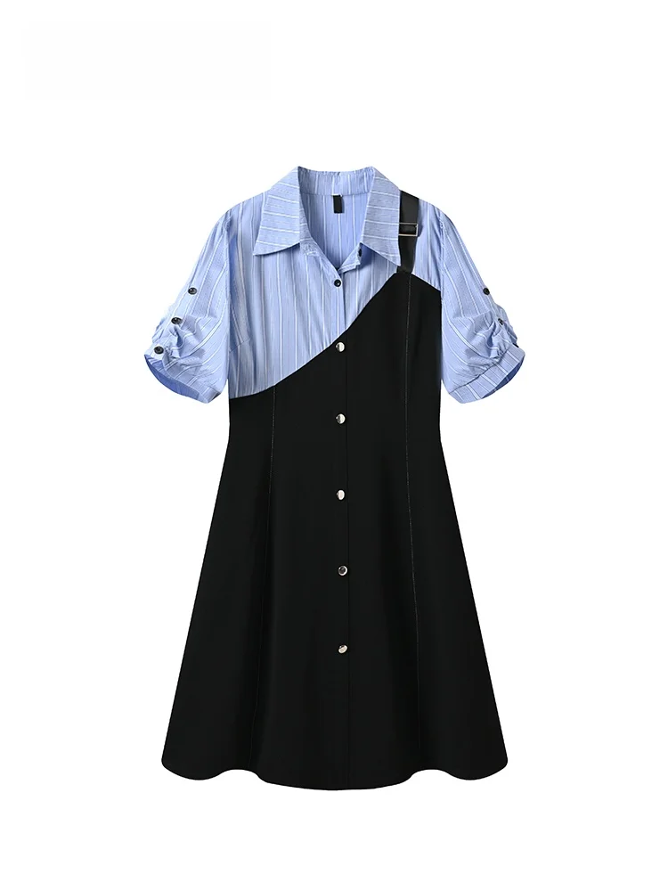 

Summer New plus Size Short Sleeve Dress Women's College Style Patchwork Skirt Big Size Sister Fake Two-Piece Dress A-Line Ski...
