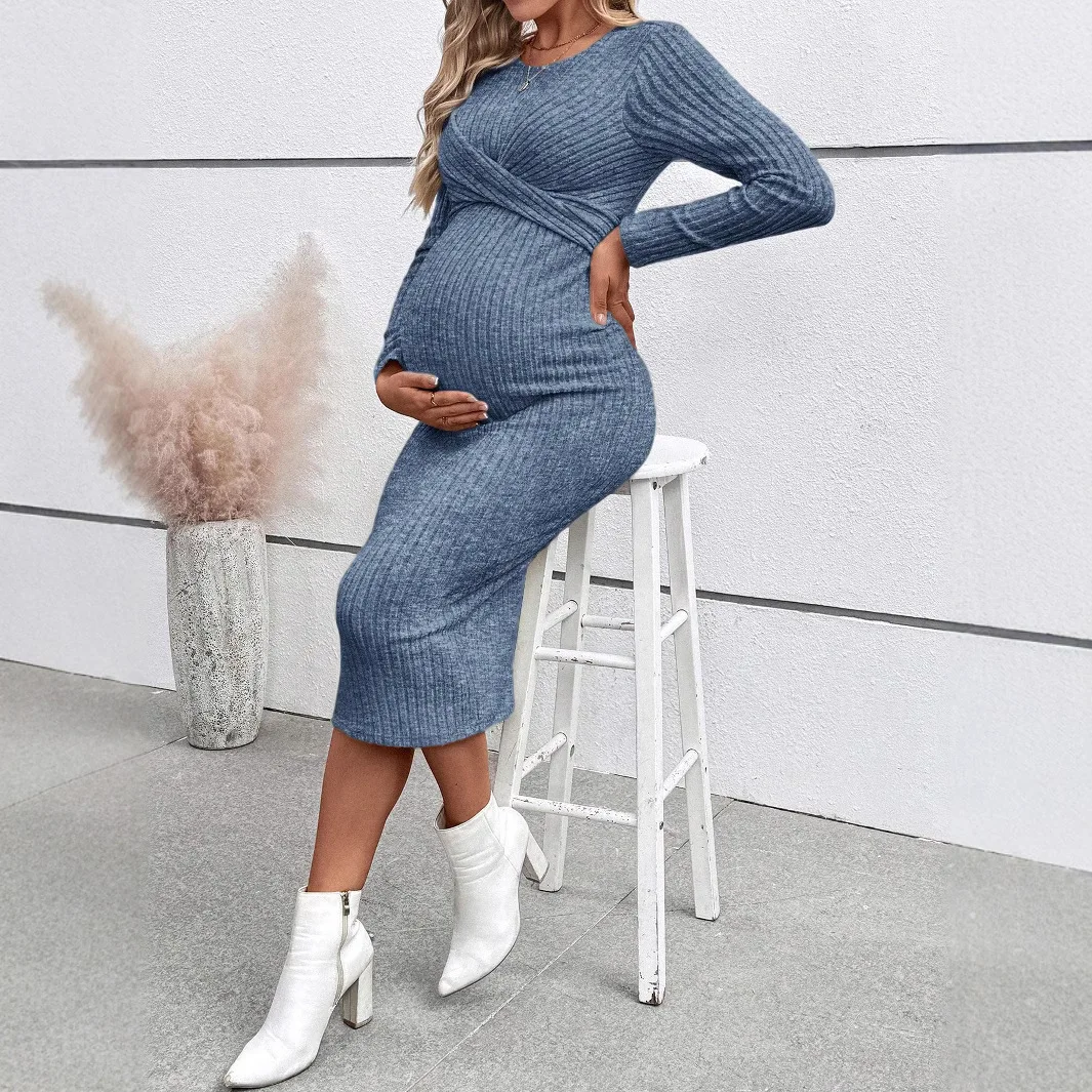 

Maternity Pregnant Women Solid Dress Slim Fit Long Sleeve Elegant Bodycon Dresses Spring Autumn Casual Pregnancy Clothing