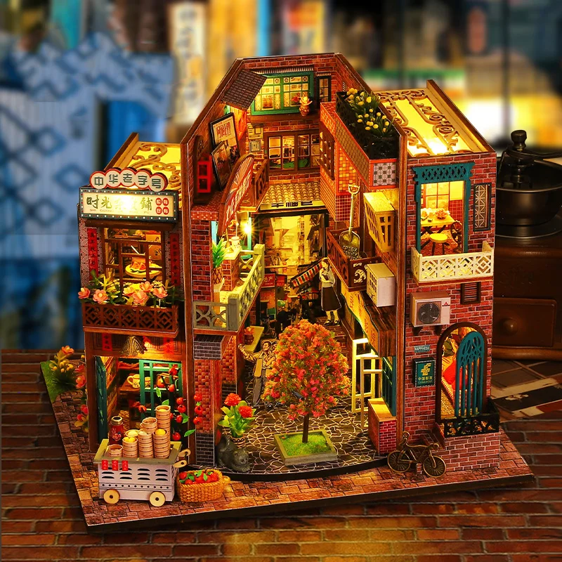 Kit modello in miniatura in legno fai-da-te cinese antico Street View Casa 3D Puzzle Casa delle bambole con luci mobili per regali di amici